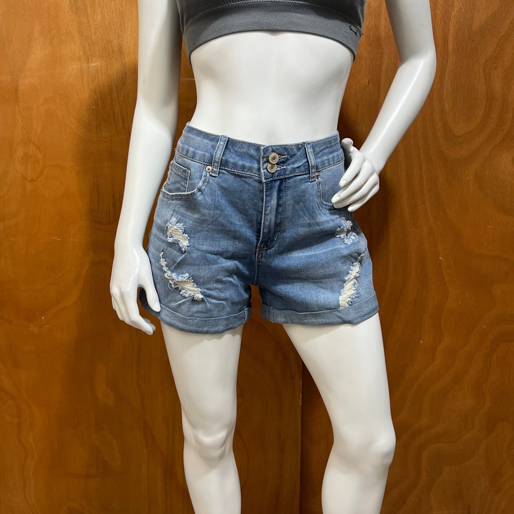 Women Distressed Denim Shorts Size L Waist 30" Blue High Rise Stretch